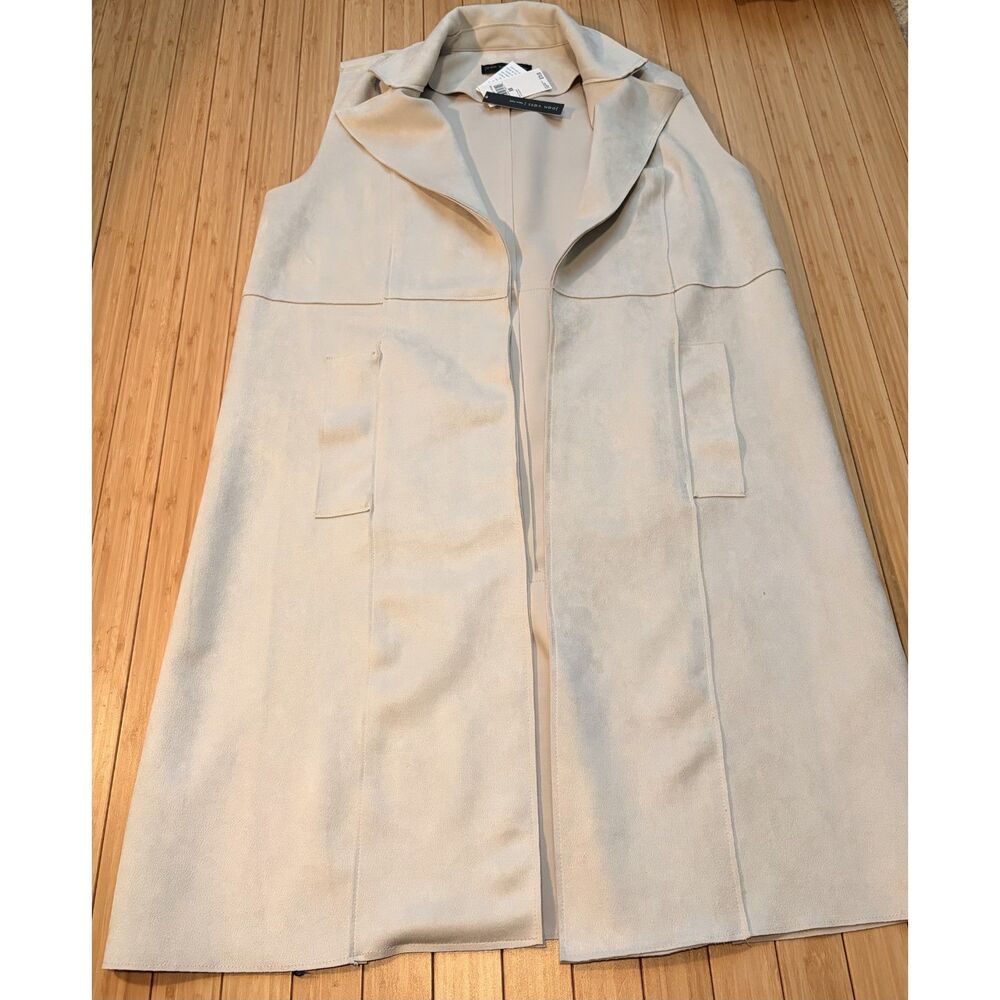 Joan Vass New York Women's M Ivory Faux Leather Longline Open Front Vest NWT